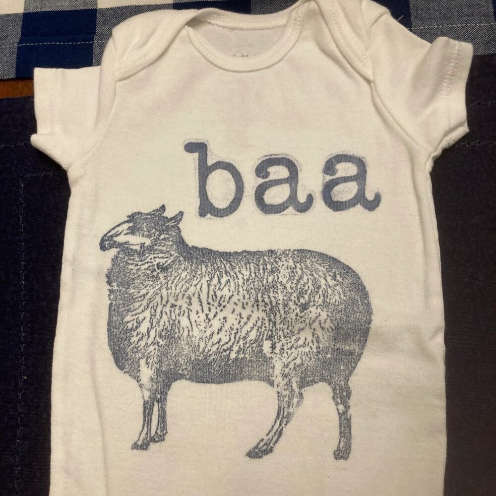 Farm House Stamped Baby Onesie, Sheep, Baa-Baa, Blue Stamping, Boy or Girl